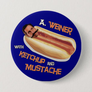 Chapa Redonda De 7 Cm Un Weiner con la salsa de tomate y el bigote
