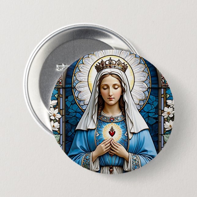 Chapa Redonda De 7 Cm Vidrio manchado de la Virgen María Católica (Anverso y reverso)