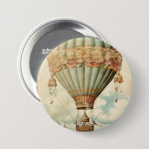 Chapa Redonda De 7 Cm Vintage Steampunk Blue Hot Air Balloon