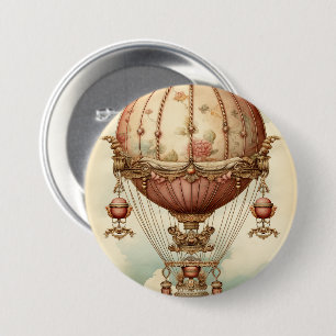 Chapa Redonda De 7 Cm Vintage Steampunk Pink Hot Air Balloon