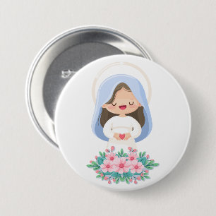 Chapa Redonda De 7 Cm Virgen María Kawaii con Corazón y Flores