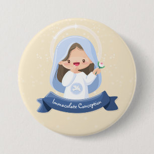 Chapa Redonda De 7 Cm Virgen María Kawaii Sonriente – Fondo Beige