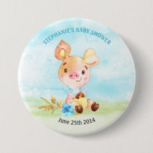 Chapa Redonda De 7 Cm Watercolor Boy Piggy Baby Shower Farm