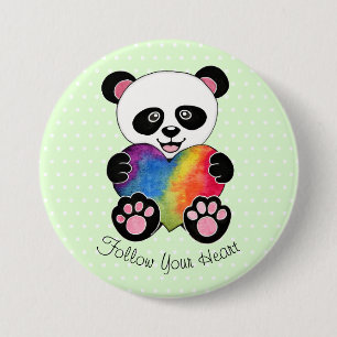 Chapa Redonda De 7 Cm Watercolor Cute Panda Con Corazón Arcoiris