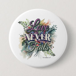 Chapa Redonda De 7 Cm Watercolor Floral Love Never Fails Scripture