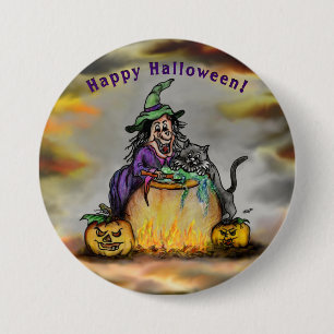 Chapa Redonda De 7 Cm Witch and black Cat, Happy Halloween!