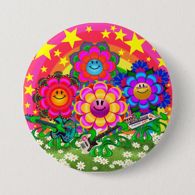 Chapa Redonda De 7 Cm WQ juega la banda 3" del flower power Pin del (Anverso)