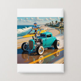 Chapa robot vintage con tabla de surf , en la playa