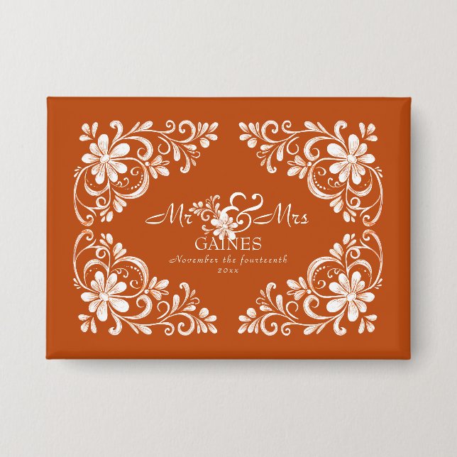 Chapa Romántico Naranja quemado Mr. & Mrs Boda Pin Butto (Anverso)