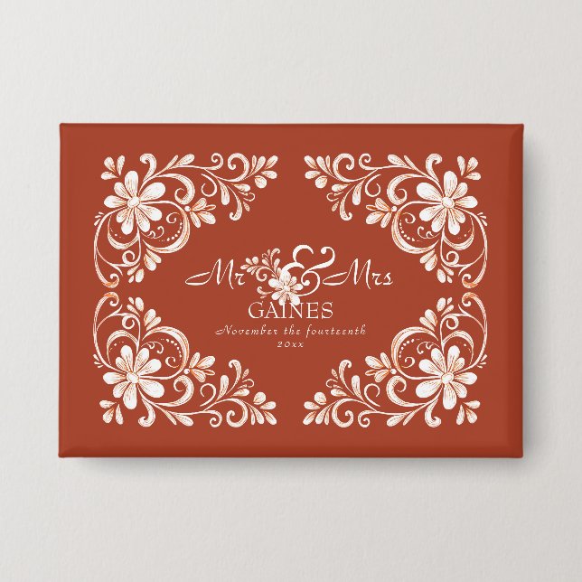 Chapa Romántico Rojo Rust Mr & Mrs Boda Pin Button (Anverso)