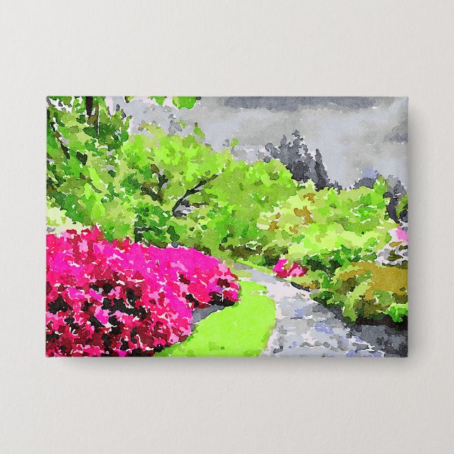 Chapa Sendero de jardín sereno con flores rosadas vibran (Anverso)