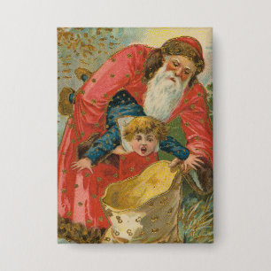 Chapa Tarjeta de Navidad antigua, Papá Noel, Niño travie