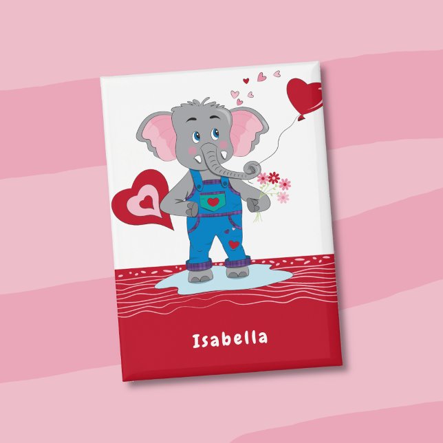 Chapa Valentine's Day Elephant Red and White Kid Button (Valentine's Day red and white kid rectangular button with a cartoon elephant carrying flowers . )