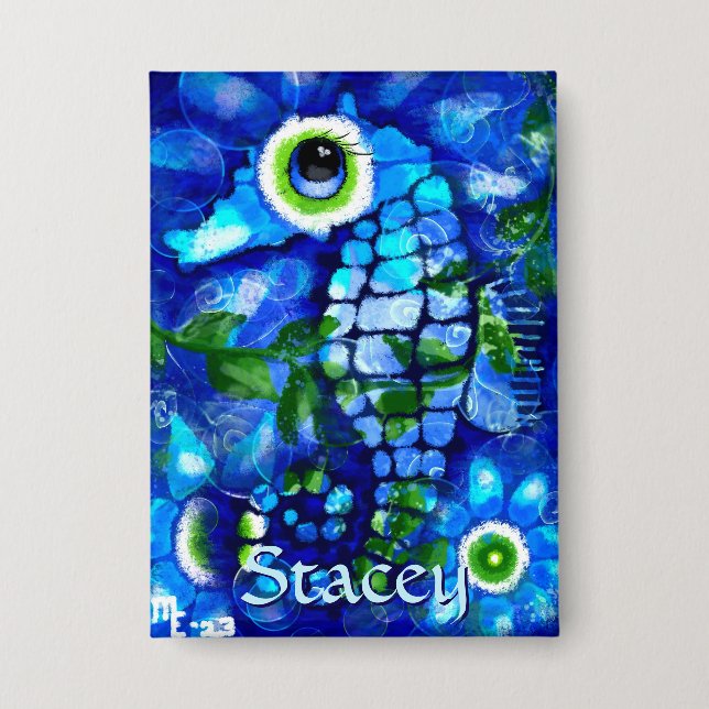 Chapa Whimsical Big-Eyes Seahorse Art Blue Personalized (Anverso)