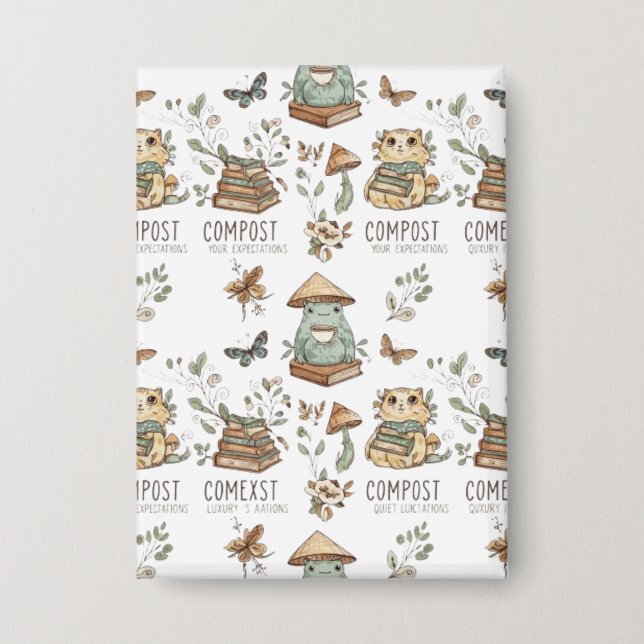 Chapa Whimsical "Compost Your Expectations" Frog & Cat P (Anverso)