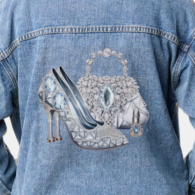 Chaqueta Denim de tacón alto de diamante para muje (Elegant diamond shoes and purse denim jacket. )