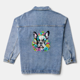 Chaqueta Vaquera Ai Boston Terrier rodeado de flores