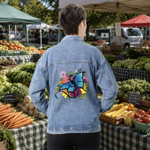 Chaqueta Vaquera Ala de Mariposa de Dragón Azul Flores Coloridas