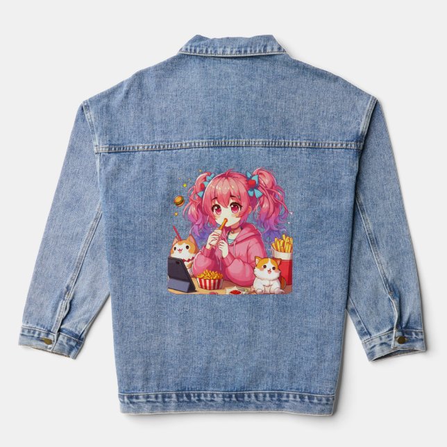 Chaqueta Vaquera Anime Bliss: Chica, papas y Mascota (Reverso )