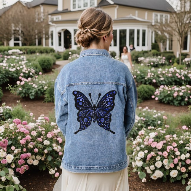 Chaqueta Vaquera Arte folclórico de mariposa azul (Reverso Boda)