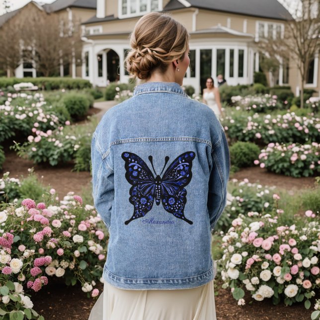 Chaqueta Vaquera Arte folclórico de mariposa azul personalizado (Reverso Boda)