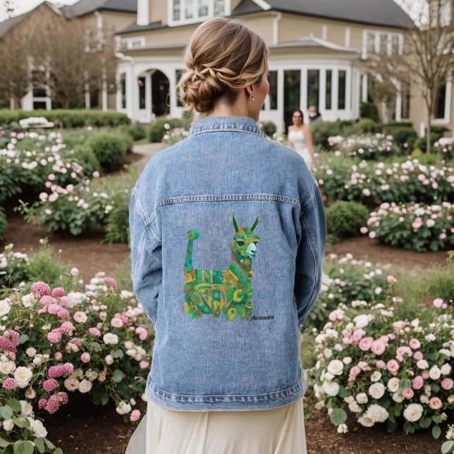 Chaqueta Vaquera Arte folclórico floral de Llama azul (Reverso Boda)