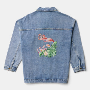 Chaqueta Vaquera Aves flamencas, flores tropicales y hojas