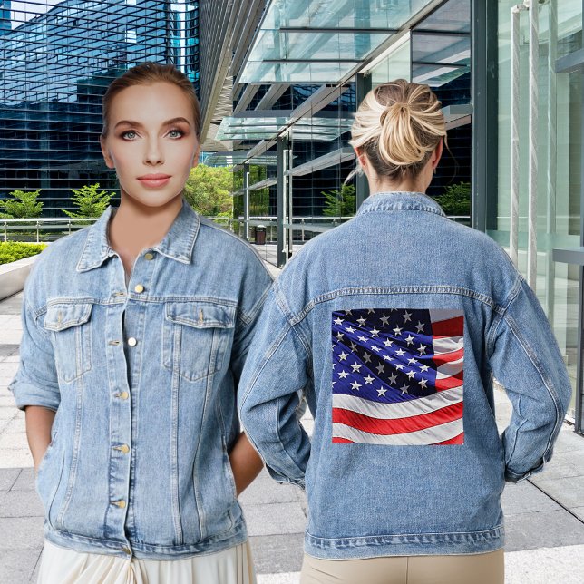 Chaqueta Vaquera Bandera de Estados Unidos Mujeres patrióticas roja (USA Flag America Red White Blue Patriotic Women's Denim Jacket)
