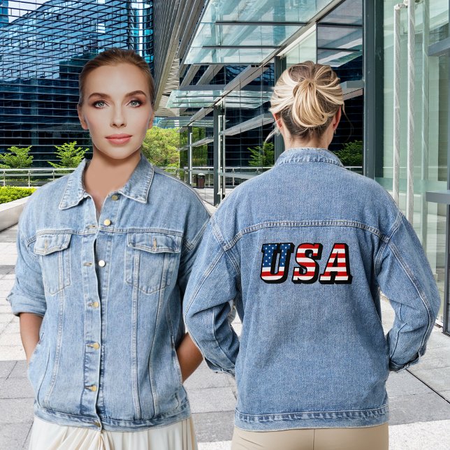 Chaqueta Vaquera Bandera estadounidense de Estados Unidos Mujeres d (USA American Flag Unique Font Women's Denim Jacket)
