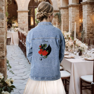 Chaqueta Vaquera Boda de fantasía gótica con dragón negro y rosa ro
