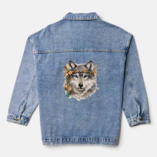 Chaqueta Vaquera Boho Wolf Portrait Embroidered Look Zip Hoodie