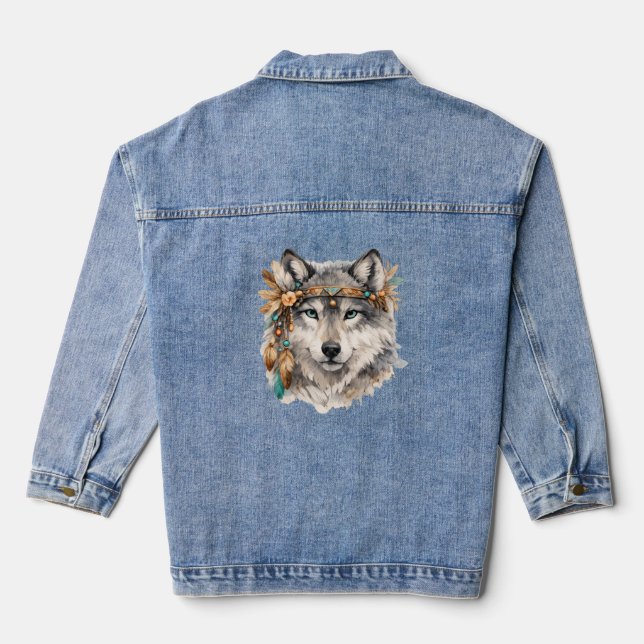Chaqueta Vaquera Boho Wolf Portrait Embroidered Look Zip Hoodie (Reverso )