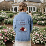 Chaqueta Vaquera Borgoña regalo de Boda de Rosas de Boho de Rubor<br><div class="desc">Esta chaqueta de denim está diseñada como un regalo de agradecimiento para las damas de honor de su boda. Está pintado a mano con un bonito diseño acuático, con un conjunto de rosas en tonos burdeos, rojos y rosas ruidosos, hojas de eucalipto y vegetación. El título dice "niñera de honor"...</div>
