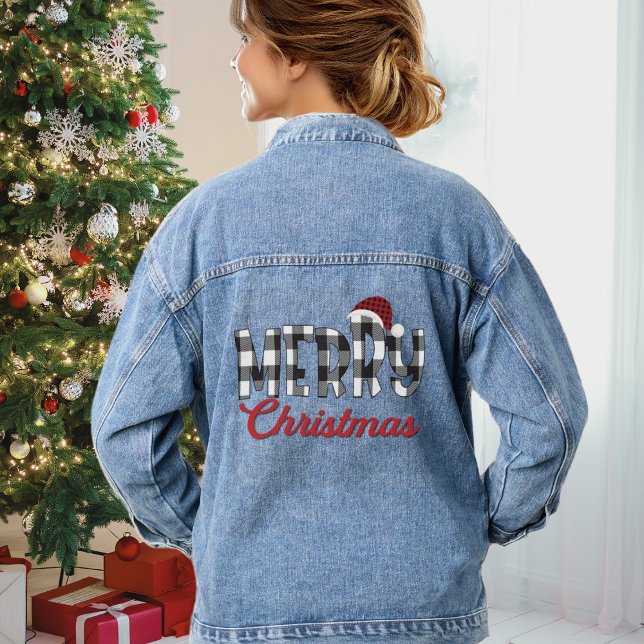 Chaqueta Vaquera Búfalo blanco y negro lindo Feliz Navidad (Cute Black & White Buffalo Plaid Merry Christmas Denim Jacket)