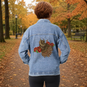 Chaqueta Vaquera Búho decorativo marrón ornamentado Rosas rojas Azu