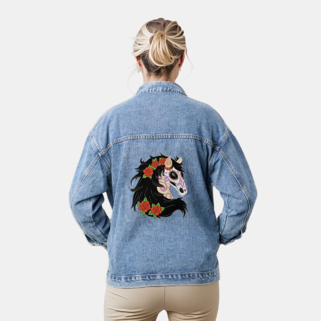Chaqueta Vaquera Caballo de cráneo de azúcar con rosas rojas (Modelo)