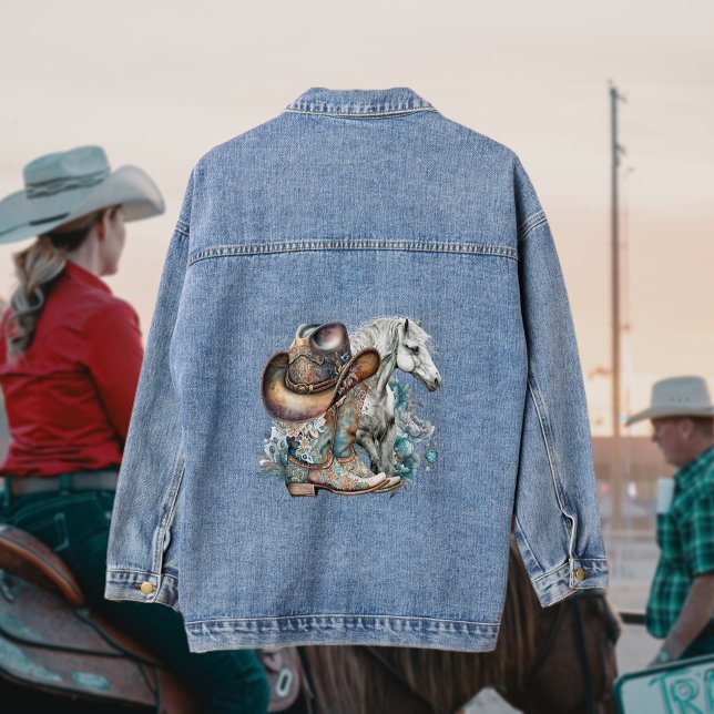 Chaqueta Vaquera Caballo de vaca botas de vaquero gorra floral occi (Cowgirl denim jacket with horse cowboy boots cowboy hat turquoise flowers)