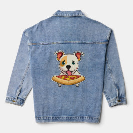 Chaqueta Vaquera Cachorro lindo sosteniendo una rebanada de pizza