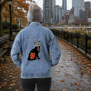 Chaqueta Vaquera Calavera de azúcar gato negro rosa corazón turques