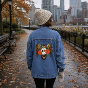 Chaqueta Vaquera Calavera de azúcar vibrante búho rosas rojas