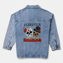 Chaqueta Vaquera Calaveras de azúcar añejas para siempre Roses rojo