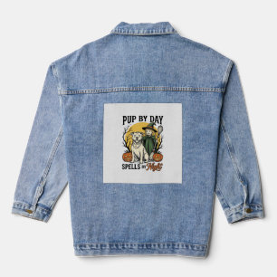 Chaqueta Vaquera Camiseta de Perro Bruja de Halloween Grabado Vinta