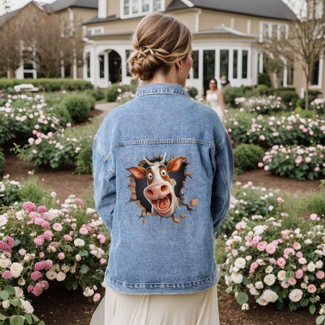 Chaqueta Vaquera Cara divertida de personalizado de vaca loca asoma (Reverso Boda)