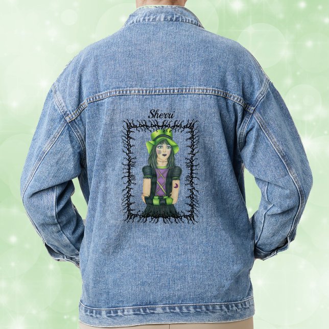 Chaqueta Vaquera Chica gótico Gorra verde Tattoos con púas marco ne (Pretty Gothic girl green hat spiderweb and moon tatoos barbed black branch frame on denim jacket.)
