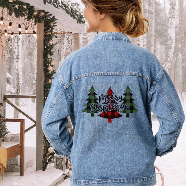 Chaqueta Vaquera Clásico búfalo plantado Feliz Árbol de Navidad (Classic Buffalo Plaid Merry Christmas Trees Denim Jacket)