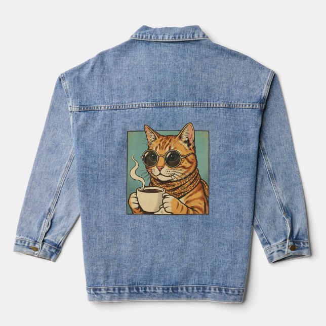 Chaqueta Vaquera Cool Cat Coffee Retro Style Design for Cat Lovers (Reverso )