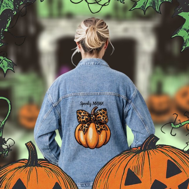 Chaqueta Vaquera Coqueta de calabaza de leopart retro Halloween (Retro Halloween Leopart Pumpkin Bow Coquette Denim Jacket)