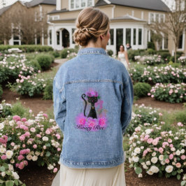Chaqueta Vaquera Corona de flores de gato negro sentada en rosas ro