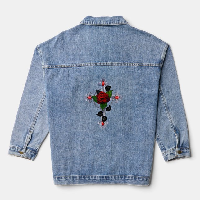 Chaqueta Vaquera Cruz de Plata con una Rosa Roja (Reverso )