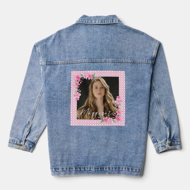 Chaqueta Vaquera Curte personalizado de una foto rosada (Reverso )